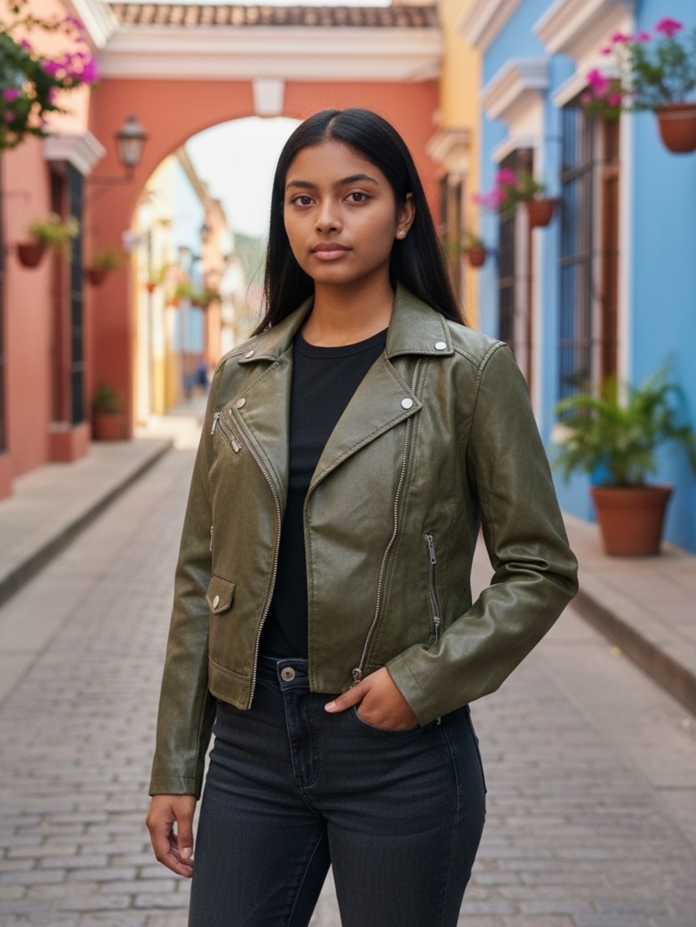 Laundry By Shelli Segal Olive Leather Asymmetric Moto Jacket